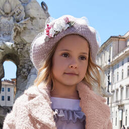 Monnalisa-Розовый шерстяной берет с цветком | Childrensalon Outlet