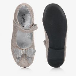 موناليزا-حذاء جلد مزين بفيونكة لون رمادي فضي للبنات | Childrensalon Outlet