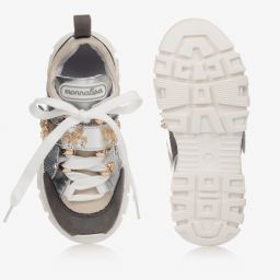 Monnalisa-Silver & Grey Leather Trainers | Childrensalon Outlet