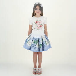 Monnalisa Шик-Голубая атласная юбка с цветочным рисунком для подростков | Childrensalon Outlet