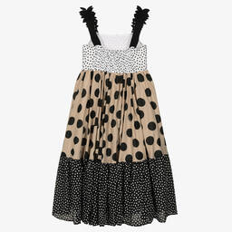 Monnalisa-فستان تينز بناتي قطن منقط لون بيج وأسود | Childrensalon Outlet