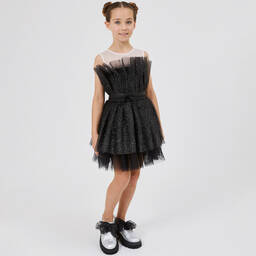 Monnalisa-Черное платье из тюля с блестками | Childrensalon Outlet