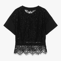 Monnalisa-Черная футболка из джерси с кружевом для девочек-подростков | Childrensalon Outlet