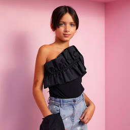 Monnalisa-Teen Girls Black One Shoulder Ruffle Top | Childrensalon Outlet