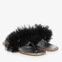 Monnalisa-Teen Girls Black & Silver Ruffle Flip Flops | Childrensalon Outlet