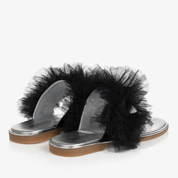Monnalisa-Teen Girls Black & Silver Ruffle Flip Flops | Childrensalon Outlet