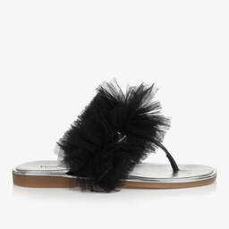 Monnalisa-Teen Girls Black & Silver Ruffle Flip Flops | Childrensalon Outlet