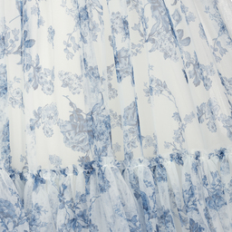 Monnalisa-فستان تينز تول لون أزرق وأبيض بطبعة ورود | Childrensalon Outlet