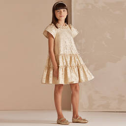 Monnalisa-Teen Girls Gold Floral Brocade Dress | Childrensalon Outlet