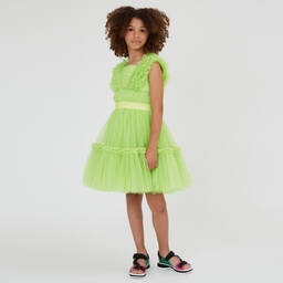 Monnalisa-Teen Girls Green Tulle Ruffle Dress | Childrensalon Outlet