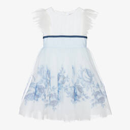 Monnalisa-Teen Girls Ivory & Blue Floral Tulle Dress | Childrensalon Outlet