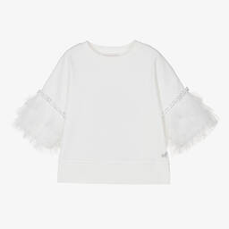 Monnalisa-Teen Girls Ivory Diamanté Tulle Sweatshirt | Childrensalon Outlet