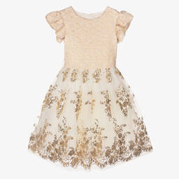 Monnalisa-Teen Girls Ivory & Gold Sequin Dress | Childrensalon Outlet