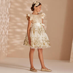 Monnalisa-Teen Girls Ivory & Gold Sequin Dress | Childrensalon Outlet