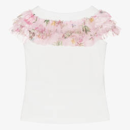 Monnalisa Шик-Кремовая футболка с розовыми цветами из тюля для девочек-подростков | Childrensalon Outlet
