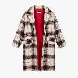 Monnalisa-Teen Girls Ivory & Red Checked Coat | Childrensalon Outlet