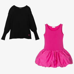 Monnalisa-Черный свитер и розовое платье из тафты | Childrensalon Outlet
