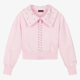 Monnalisa-Teen Girls Pink Studded Cotton Zip-Up Top | Childrensalon Outlet