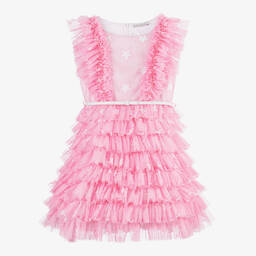 Monnalisa-فستان تول لون زهري مزين بكشكش للمراهقات | Childrensalon Outlet