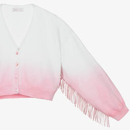 Monnalisa-Teen Girls Pink & White Fringed Cardigan | Childrensalon Outlet