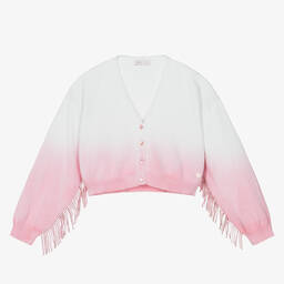 Monnalisa-Teen Girls Pink & White Fringed Cardigan | Childrensalon Outlet
