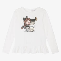 Monnalisa-Teen Girls White Cotton Girl Print Top | Childrensalon Outlet