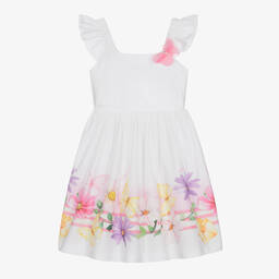 Monnalisa-فستان تينز بناتي قطن لون أبيض بطبعة ورود | Childrensalon Outlet