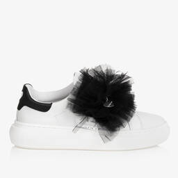 Monnalisa-Teen Girls White Leather & Black Tulle Trainers | Childrensalon Outlet