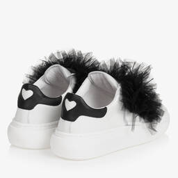 Monnalisa-Teen Girls White Leather & Black Tulle Trainers | Childrensalon Outlet