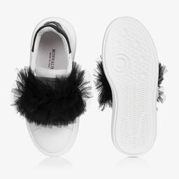Monnalisa-Teen Girls White Leather & Black Tulle Trainers | Childrensalon Outlet