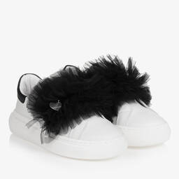 Monnalisa-Teen Girls White Leather & Black Tulle Trainers | Childrensalon Outlet