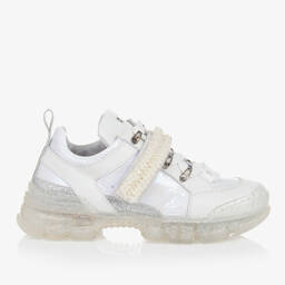 Monnalisa-ترينرز جلد وقماش لون أبيض مزين بلؤلؤ | Childrensalon Outlet