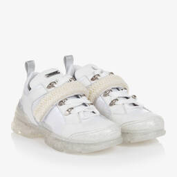 Monnalisa-ترينرز جلد وقماش لون أبيض مزين بلؤلؤ | Childrensalon Outlet