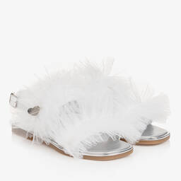Monnalisa-Teen Girls White Ruffle Tulle Sandals | Childrensalon Outlet