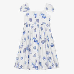 موناليزا-فستان بطبعة بحرية قطن بوبلين لون أبيض للمراهقات | Childrensalon Outlet