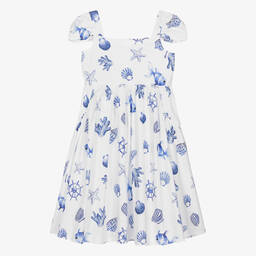 موناليزا-فستان بطبعة بحرية قطن بوبلين لون أبيض للمراهقات | Childrensalon Outlet