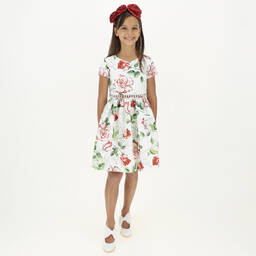 Monnalisa Chic-فستان لون عاجي و أحمر بطبعة ورود | Childrensalon Outlet