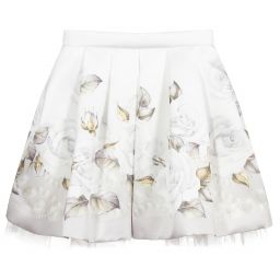 Monnalisa-Teen Ivory Roses Satin Skirt | Childrensalon Outlet