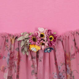 Monnalisa-فستان تينز فيسكوز جيرسي وتول لون زهري بطبعة ورود | Childrensalon Outlet