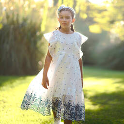 Monnalisa-White & Blue Cutwork Dress | Childrensalon Outlet