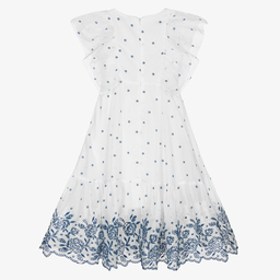 Monnalisa-White & Blue Cutwork Dress | Childrensalon Outlet