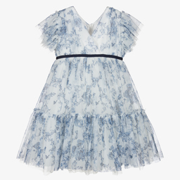 Monnalisa-White & Blue Floral Dress | Childrensalon Outlet