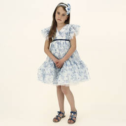 Monnalisa-White & Blue Floral Dress | Childrensalon Outlet