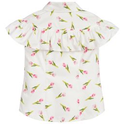 Monnalisa-بلوز قطن بوبلين لون أبيض بطبعة ورود | Childrensalon Outlet