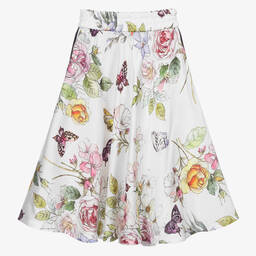 Monnalisa-تنورة ميدي فيسكوز لون أبيض بطبعة ورود | Childrensalon Outlet