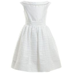 Monnalisa Chic-طقم متكون من فستان من الأرجنزا و الساتان بلون أبيض مع زركشة بوردة | Childrensalon Outlet