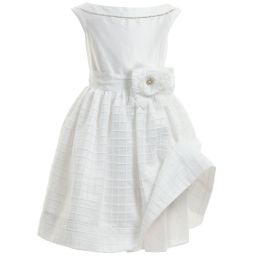 Monnalisa Chic-طقم متكون من فستان من الأرجنزا و الساتان بلون أبيض مع زركشة بوردة | Childrensalon Outlet