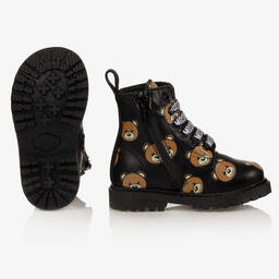 Moschino Kid-Teen-Black Leather Teddy Bear Boots | Childrensalon Outlet