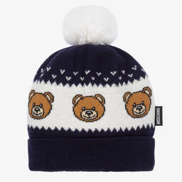Moschino Малыши-Кремово-синяя трикотажная шапочка с медвежонком | Childrensalon Outlet