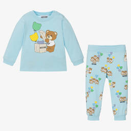 Moschino Baby-Boys Blue Cotton Teddy Bear Trouser Set | Childrensalon Outlet